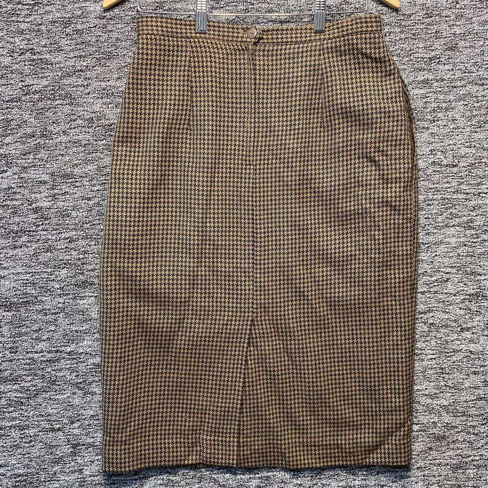 Vintage Ann Taylor Houndstooth Pencil Skirt Womens 12 Brown Wool Career Heritage
